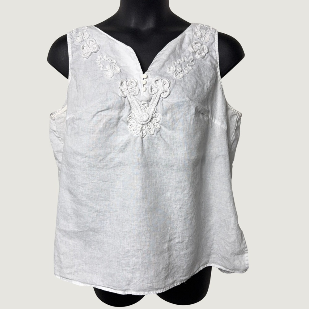 Carole Little Womens Sleeveless Blouse 2X White Linen Embroidered Soutache